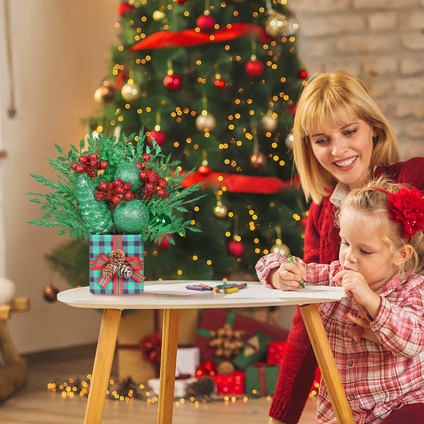 Super Holiday Mini Buffalo Check Plaid Green Glitter Christmas Tree - Tabletop