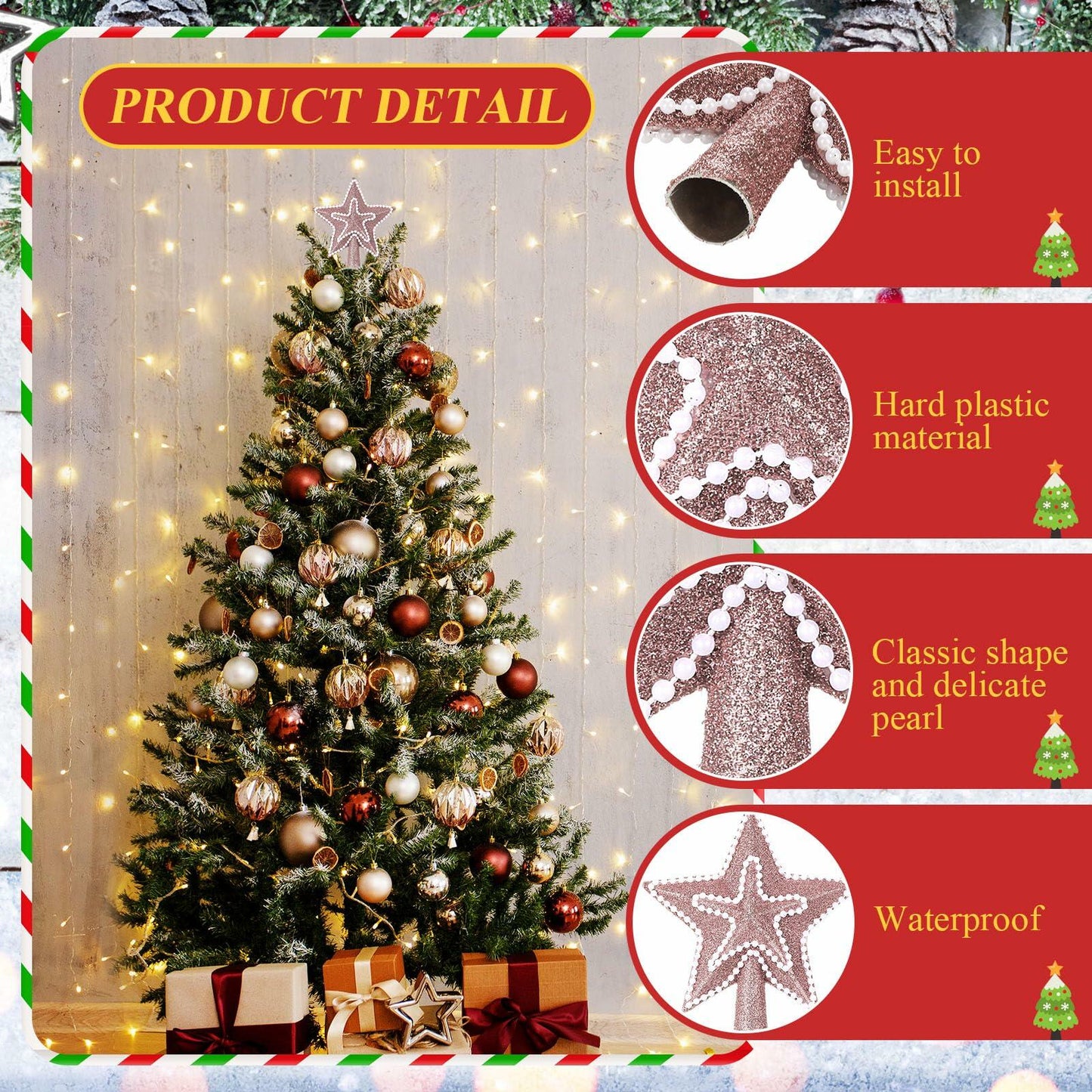 Hollowfly 4" Glitter Mini Star Christmas Tree Topper Rose Gold Pearl