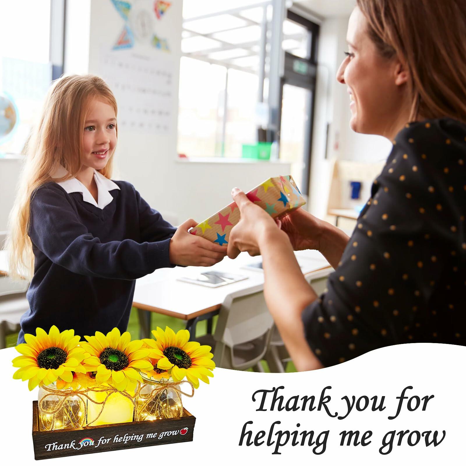 Golden Mason Jar Centerpiece Wood Tray Sunflowers Teacher Appreciation Gift