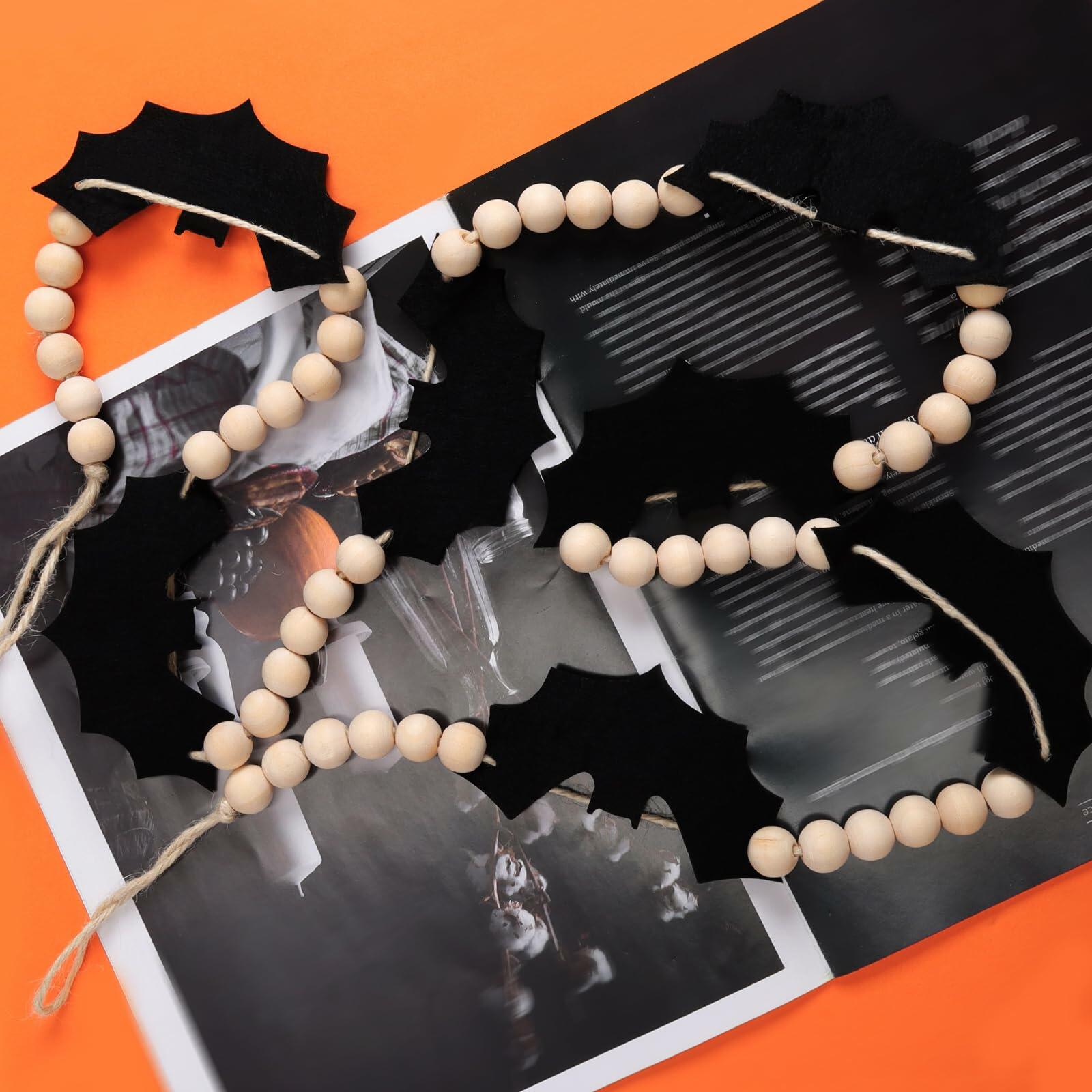 Gvhntk Black Felt Bats Garland Halloween Decor Indoor Banner Wood Beads