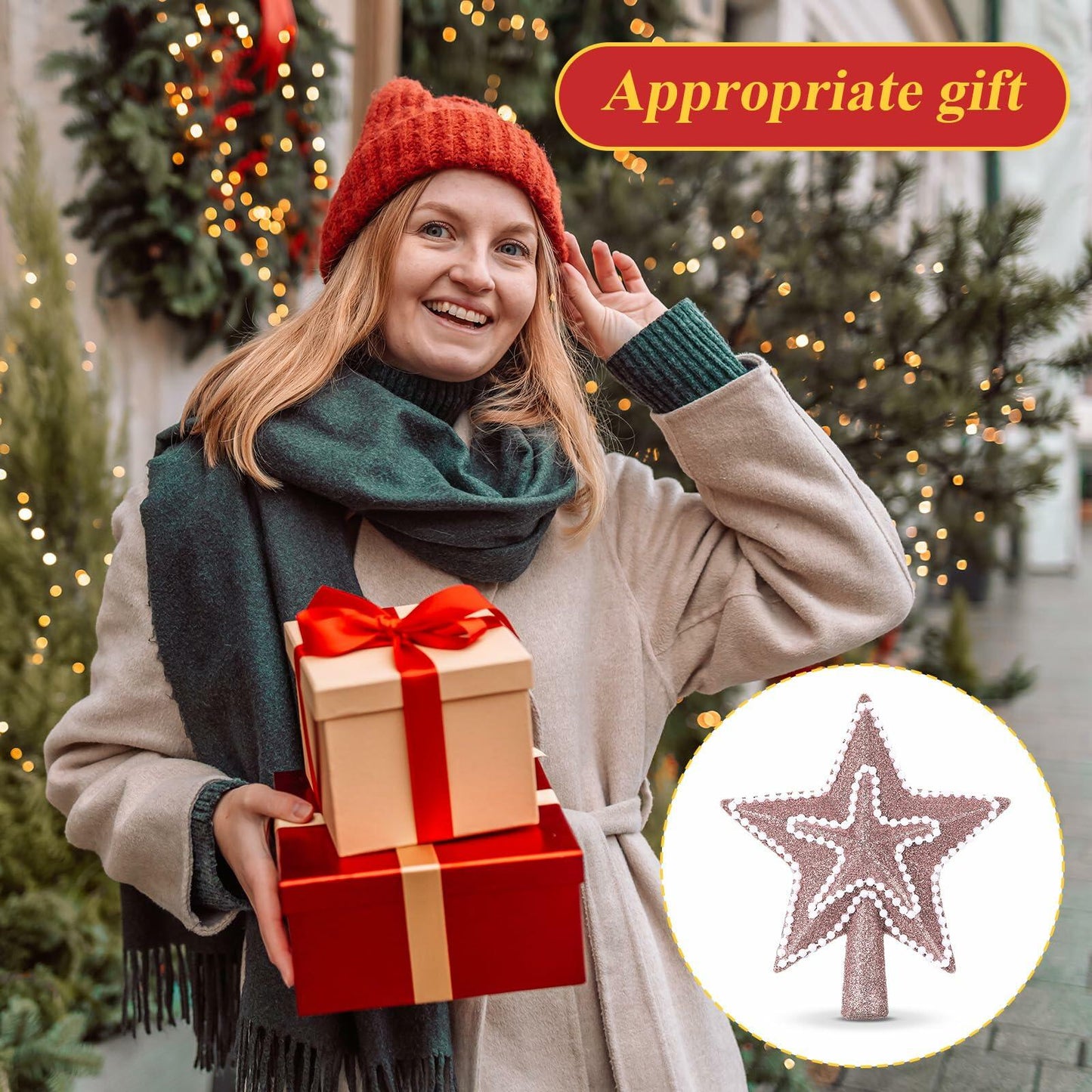 Hollowfly 4" Glitter Mini Star Christmas Tree Topper Rose Gold Pearl