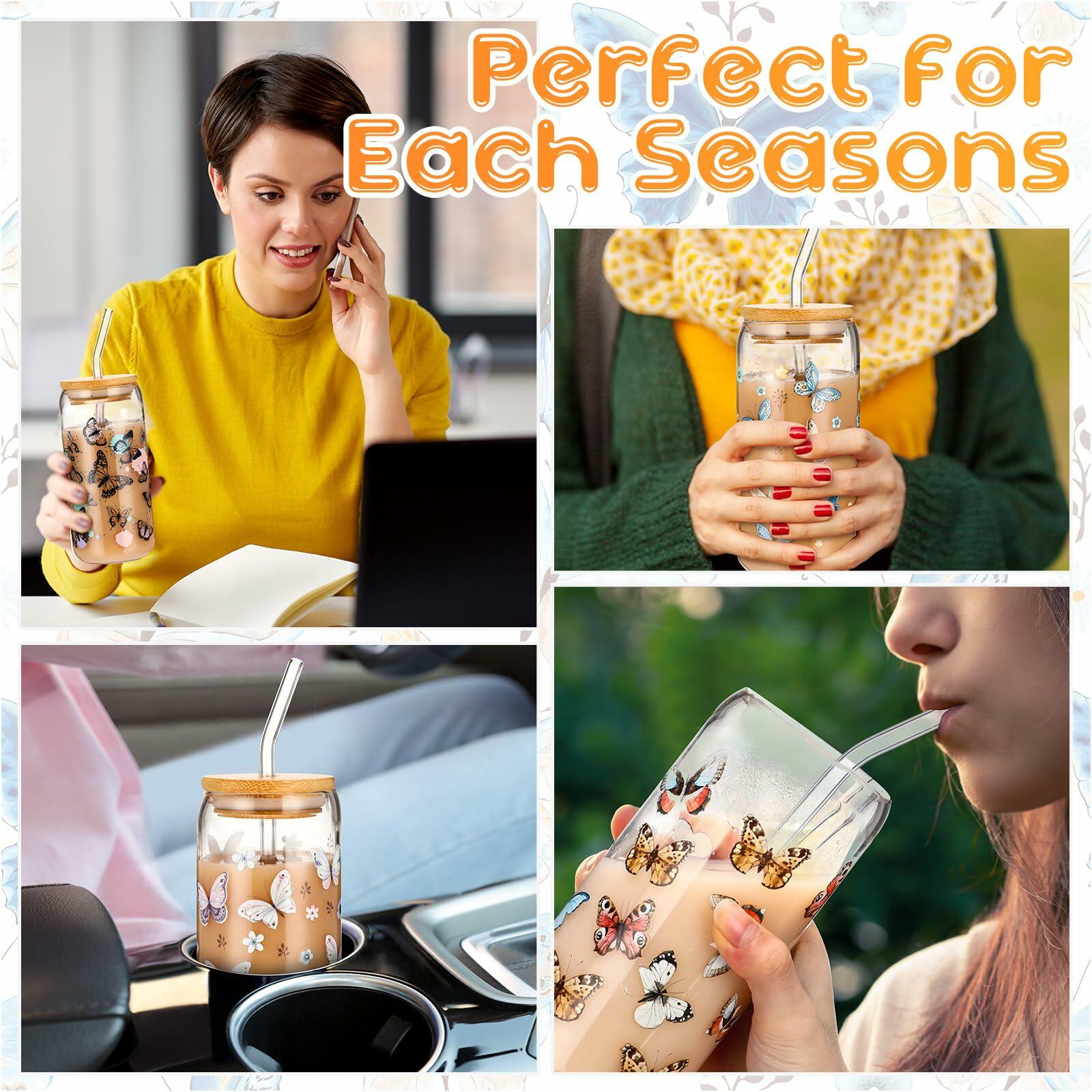 Cunhill 4pc 16oz Iced Coffee Glasses Set Pumpkin Bamboo Lid & Straw