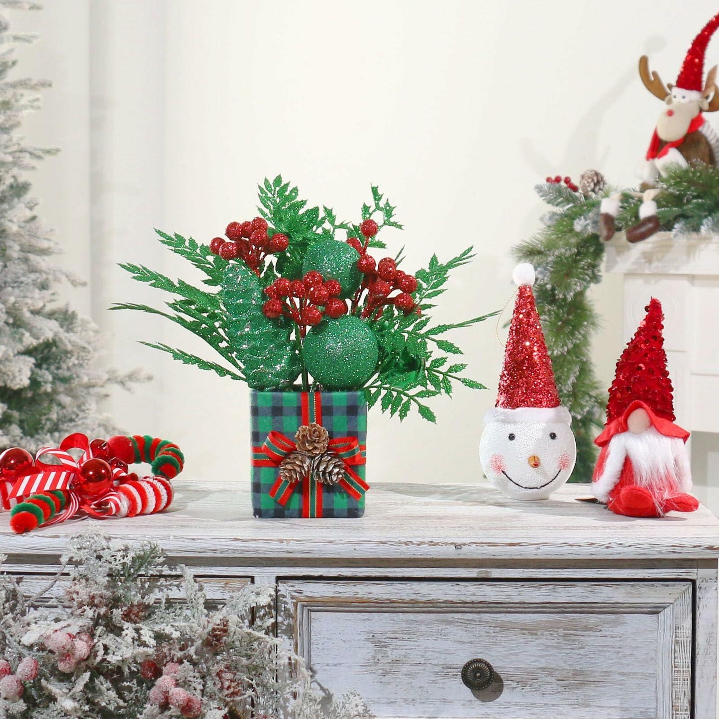 Super Holiday Mini Buffalo Check Plaid Green Glitter Christmas Tree - Tabletop