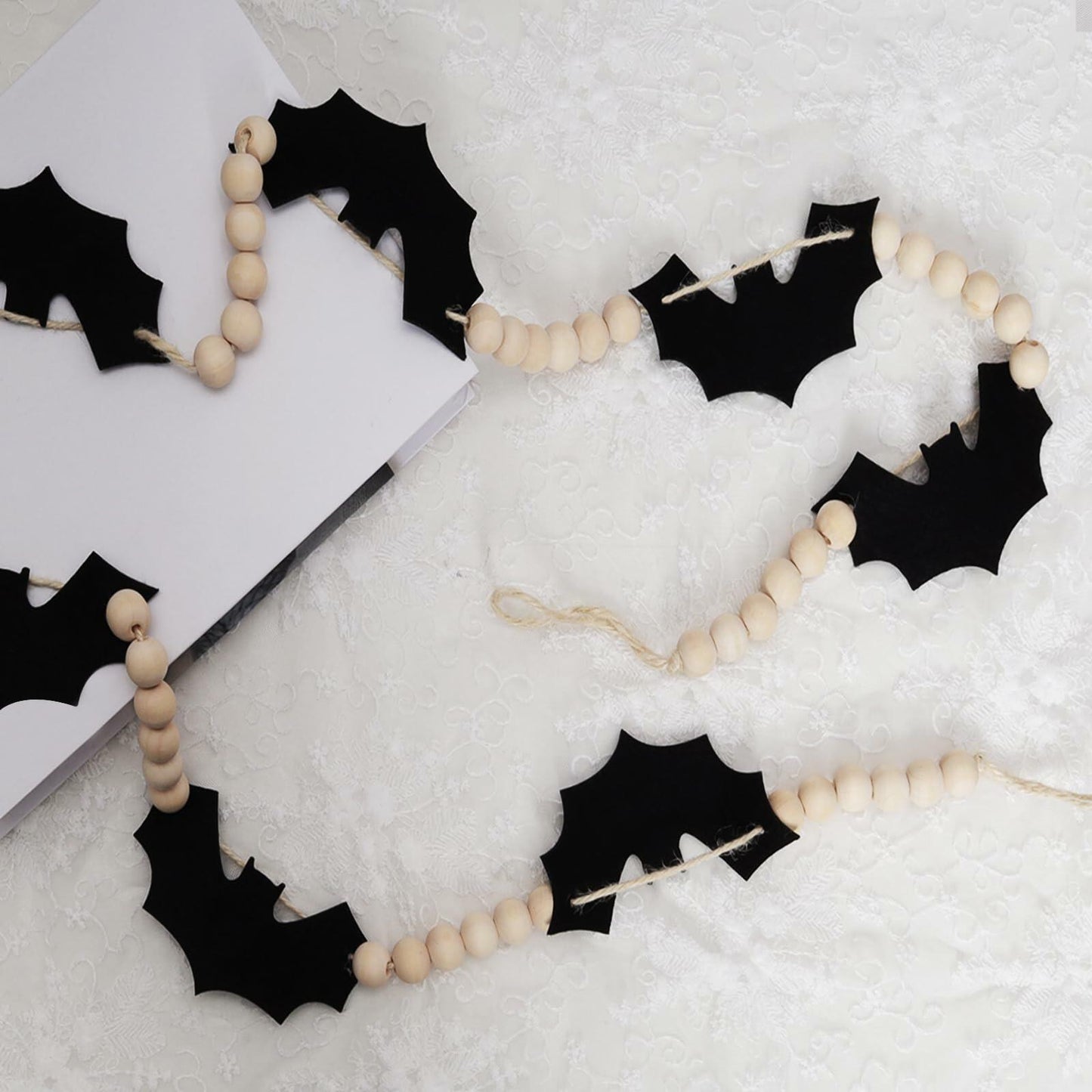 Gvhntk Black Felt Bats Garland Halloween Decor Indoor Banner Wood Beads
