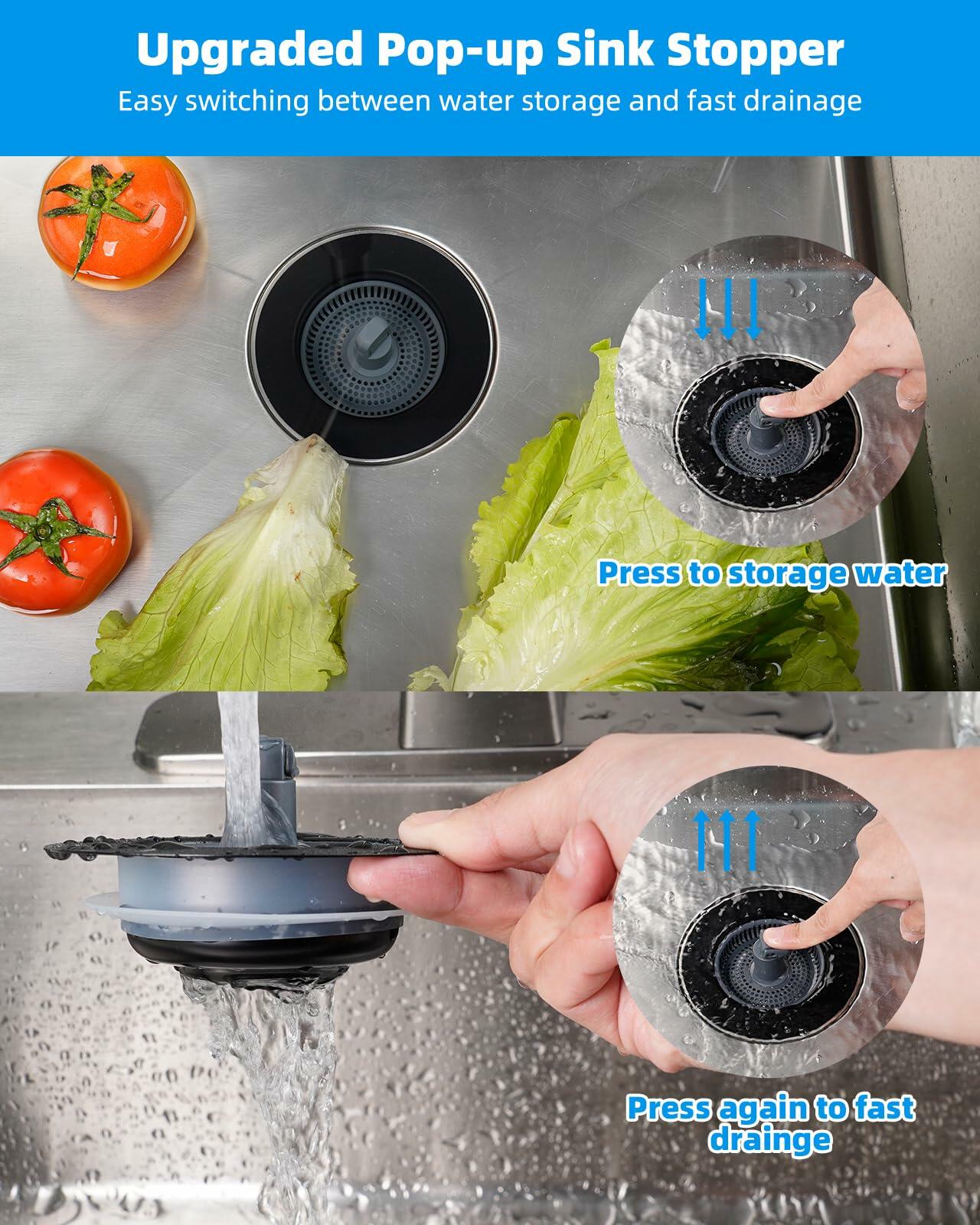 Hibbent 3-in-1 Kitchen Sink Drain Strainer Stopper Combo Black Stainless 1 Pack