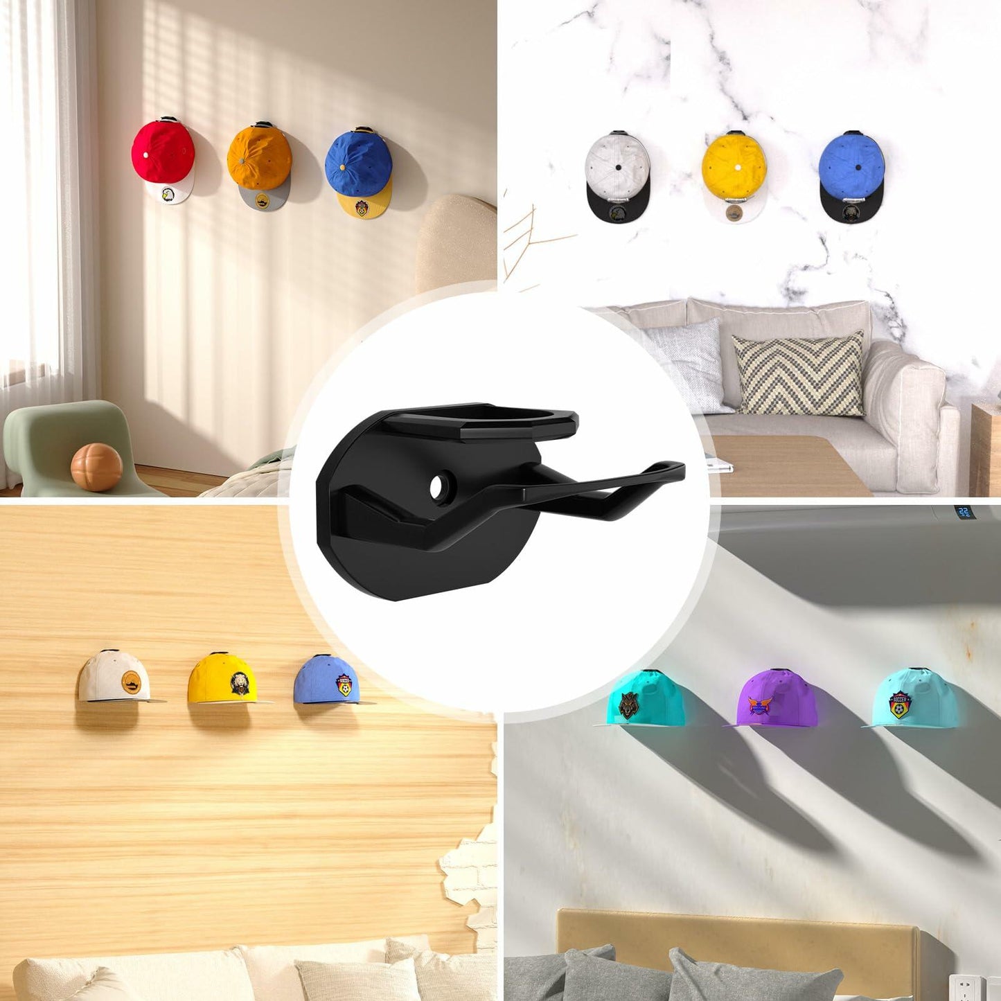 22 Pack Adhesive Hat Hooks Black - Super Strong Wall Mount Hat Rack No Drilling