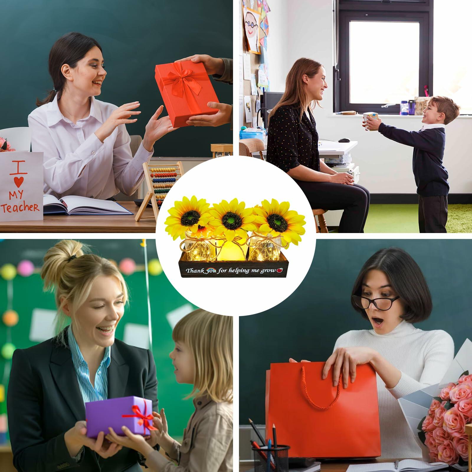 Golden Mason Jar Centerpiece Wood Tray Sunflowers Teacher Appreciation Gift