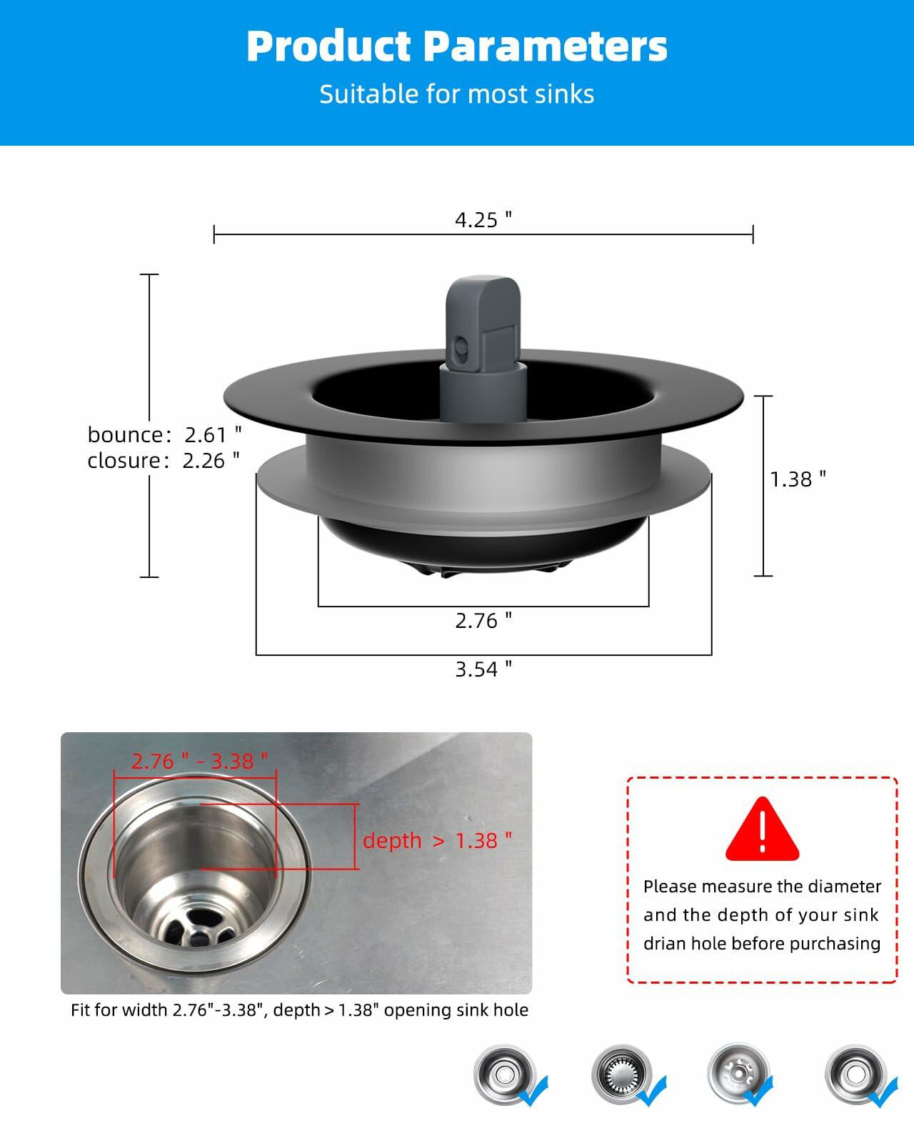 Hibbent 3-in-1 Kitchen Sink Drain Strainer Stopper Combo Black Stainless 1 Pack