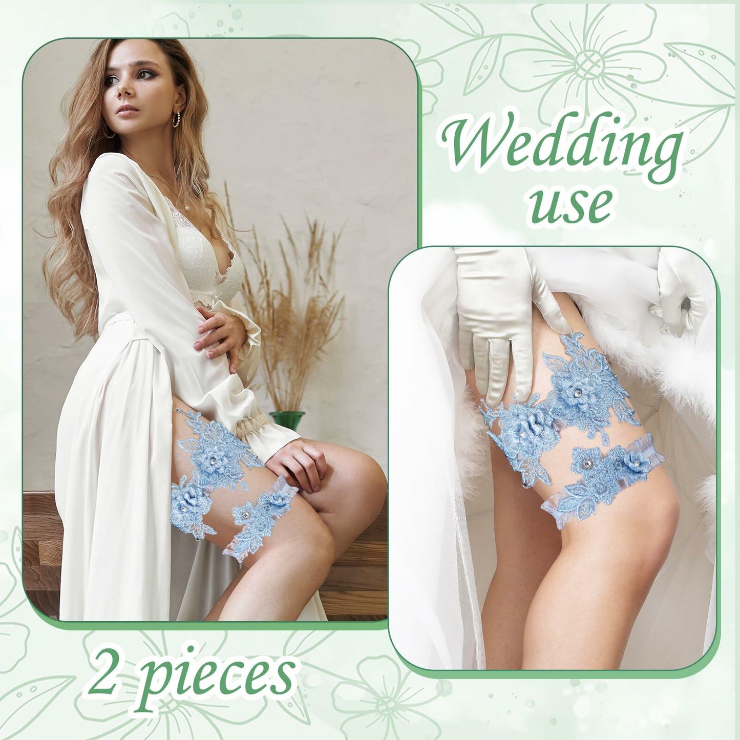 AHQiZFX Wedding Garter Set 2pcs Blue Large Soft Lace Stretchy for Bride New