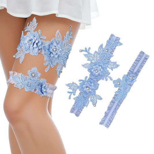 AHQiZFX Wedding Garter Set 2pcs Blue Large Soft Lace Stretchy for Bride New