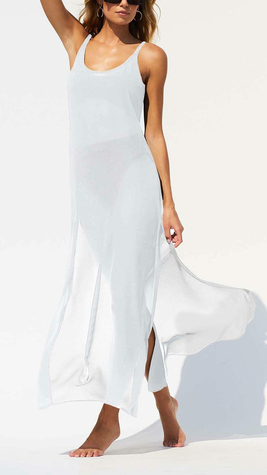 BWQ Women Bikini Cover Up Dress Sheer Spaghetti Straps White Size XL