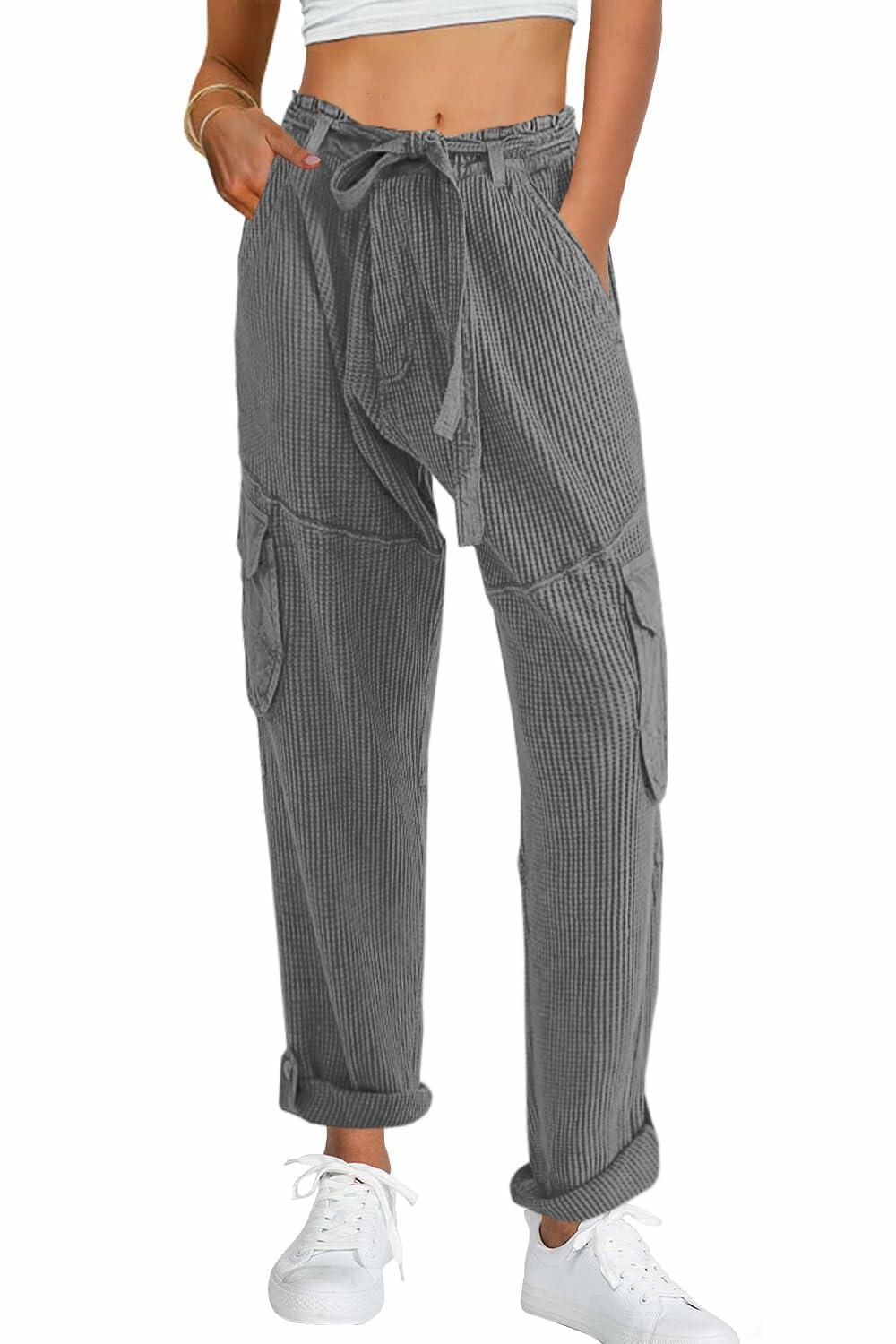 SENSERISE Womens Casual Waffle Knit Cargo Pants Dark Grey Size S