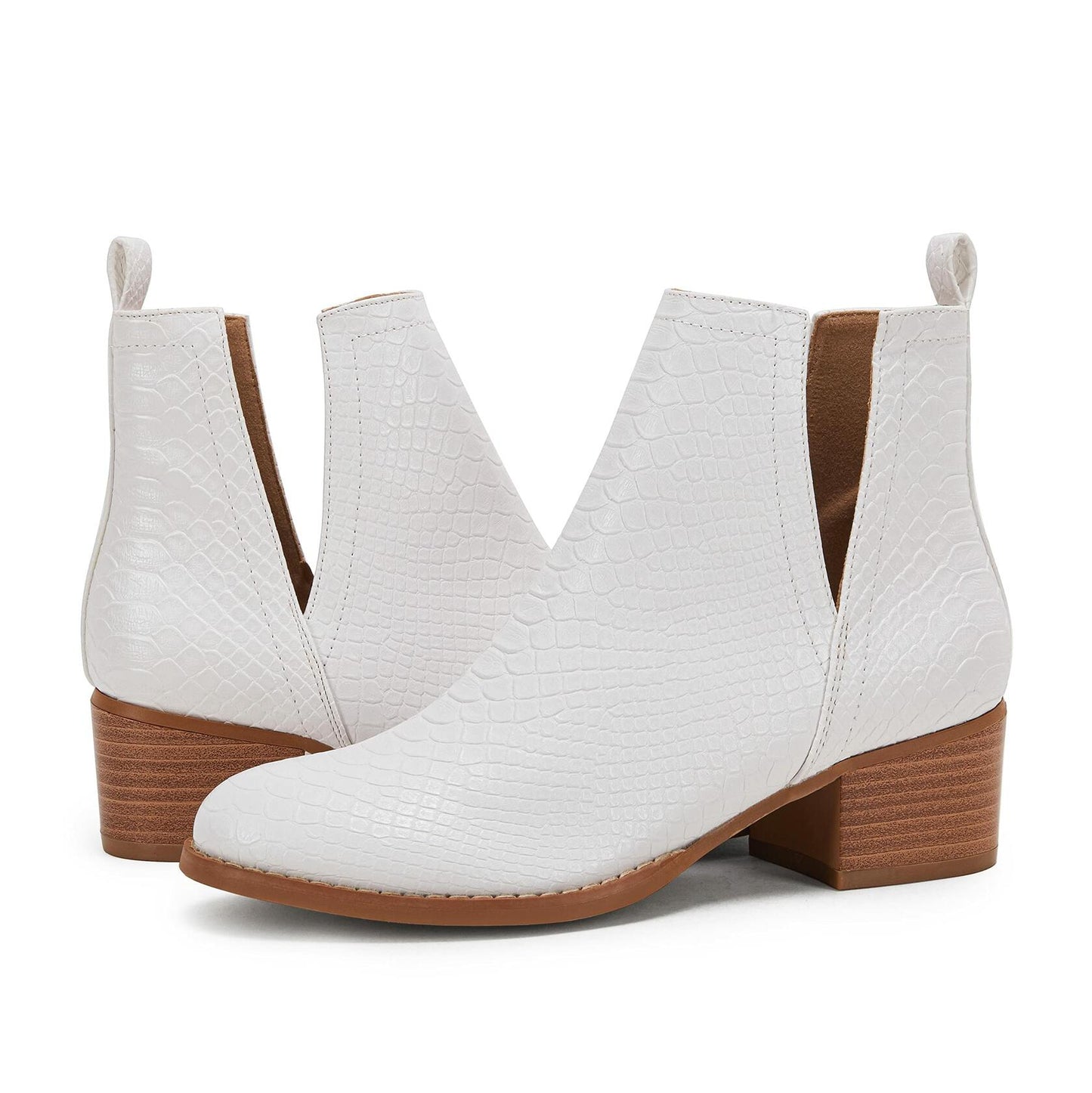 LAICIGO Womens Ankle Boots Slip-On Snakeskin Chunky Stacked Low Heel