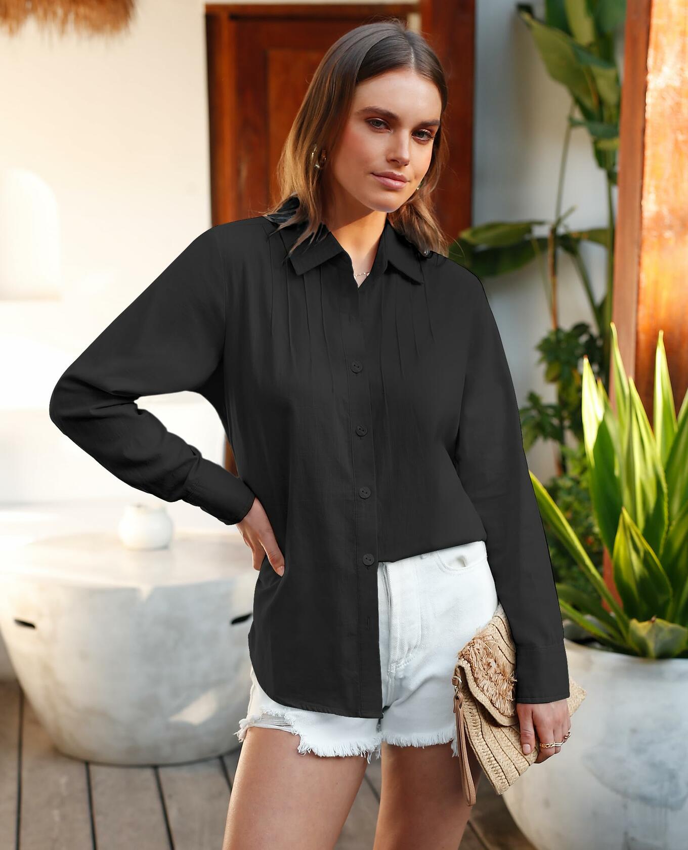 Siliteelon Women's Linen Button Down Shirt Black Long Sleeve Casual