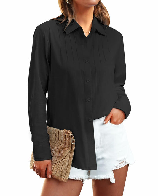 Siliteelon Women's Linen Button Down Shirt Black Long Sleeve Casual