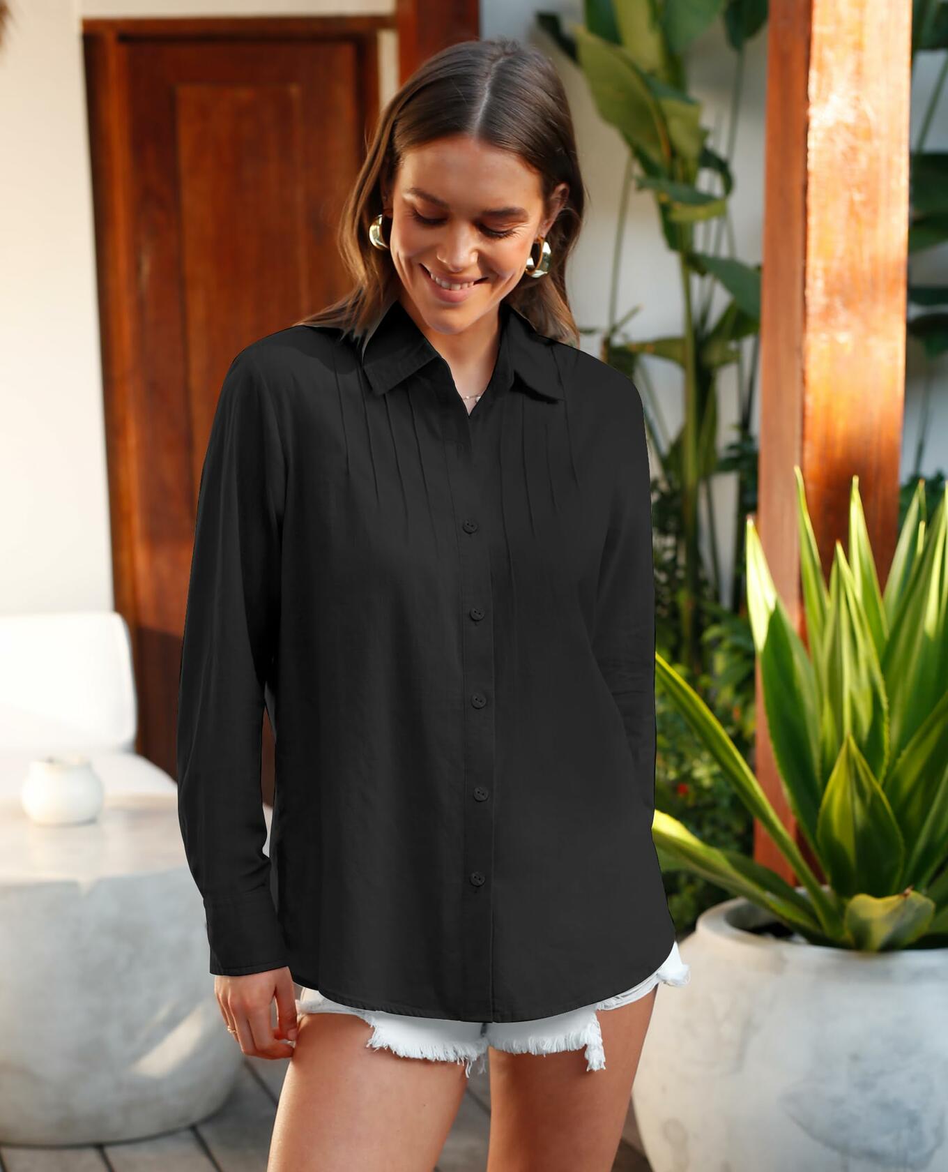 Siliteelon Women's Linen Button Down Shirt Black Long Sleeve Casual