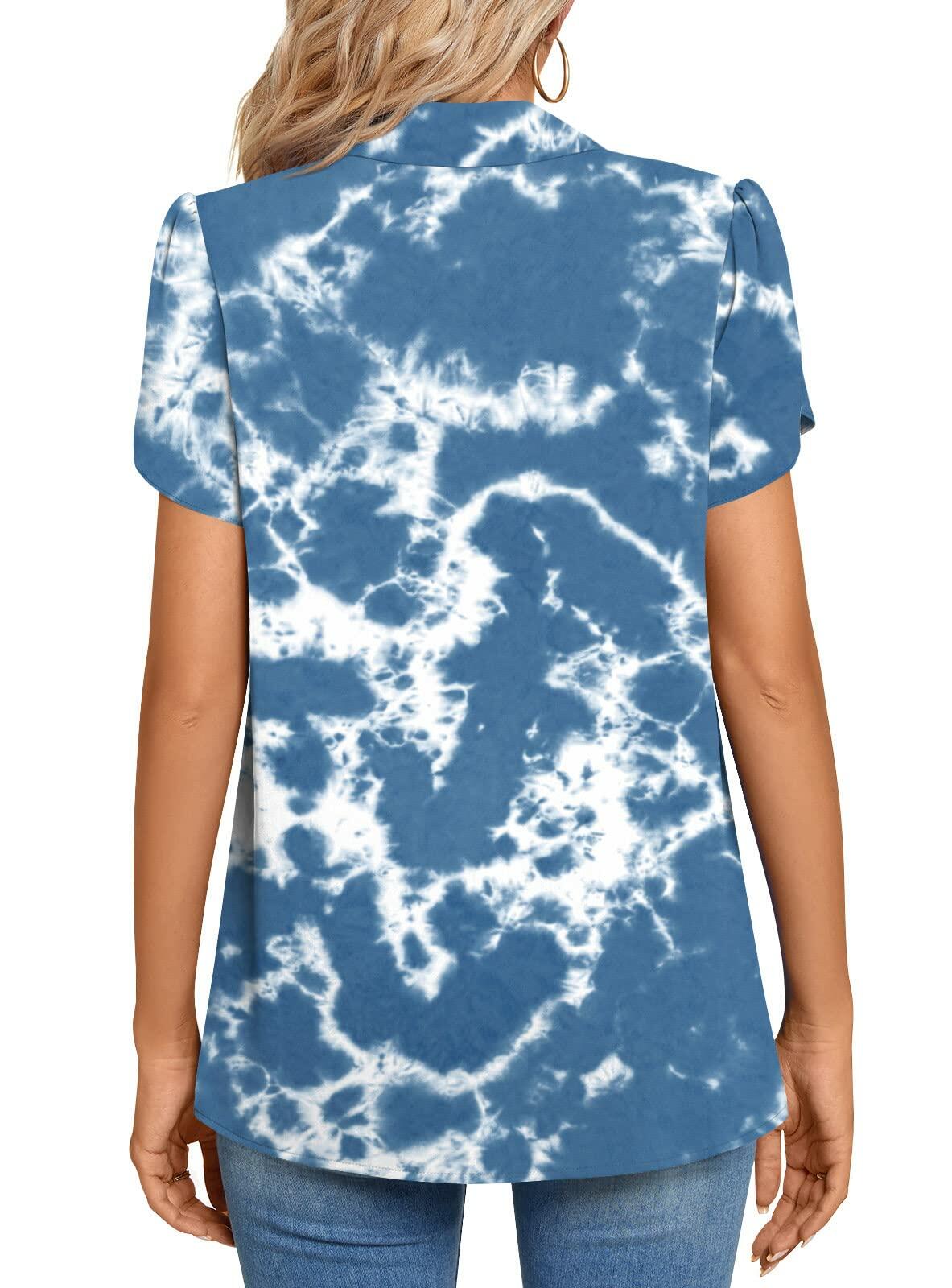 Aodemo Women's Blue Tie Dye Chiffon Blouse V Neck Short Sleeve Size XL