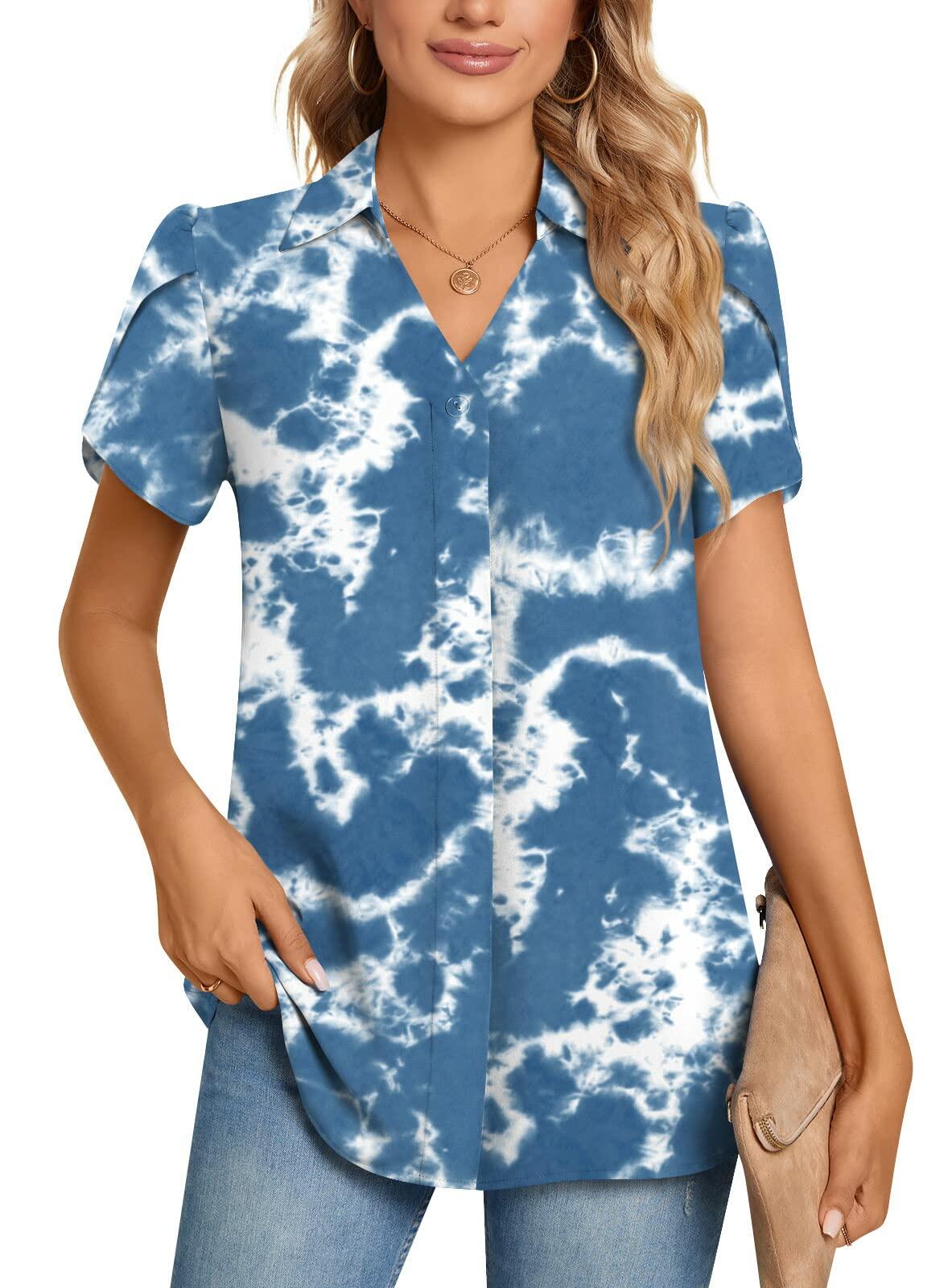 Aodemo Women's Blue Tie Dye Chiffon Blouse V Neck Short Sleeve Size XL