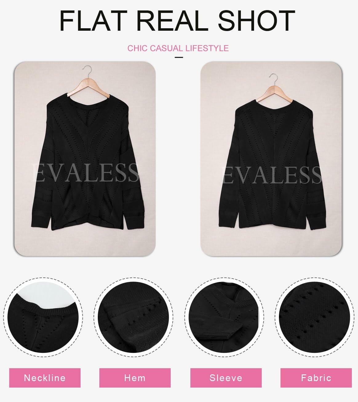 EVALESS Women's Medium Black V Neck Striped Sweater Pullover Knit Top