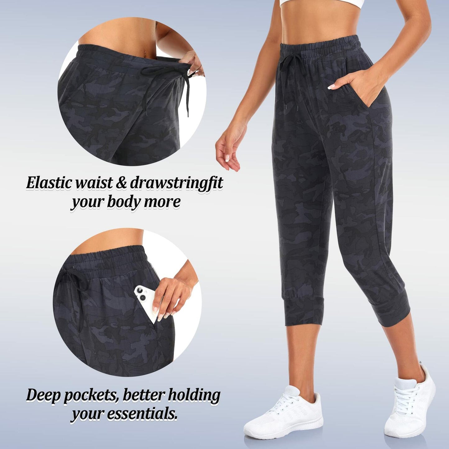 FULLSOFT Women's Capri Sweatpants Black Camo with Pockets Size S