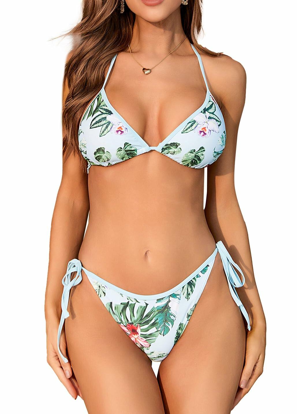GORGLITTER Women's String Bikini Set High Cut Thong Triangle Swimsuit Blue M