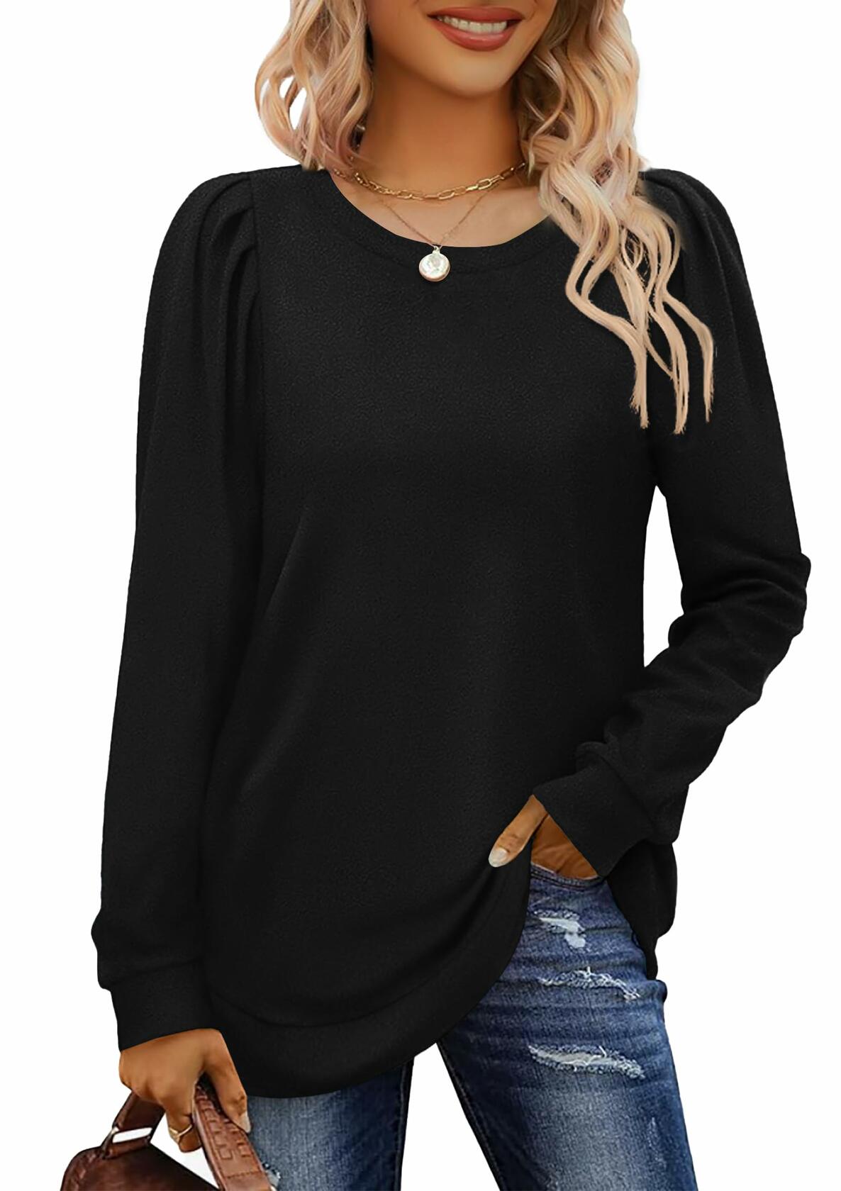 AGSEEM Womens Black Oversized Long Sleeve Tunic Sweatshirt Casual Sweaters L