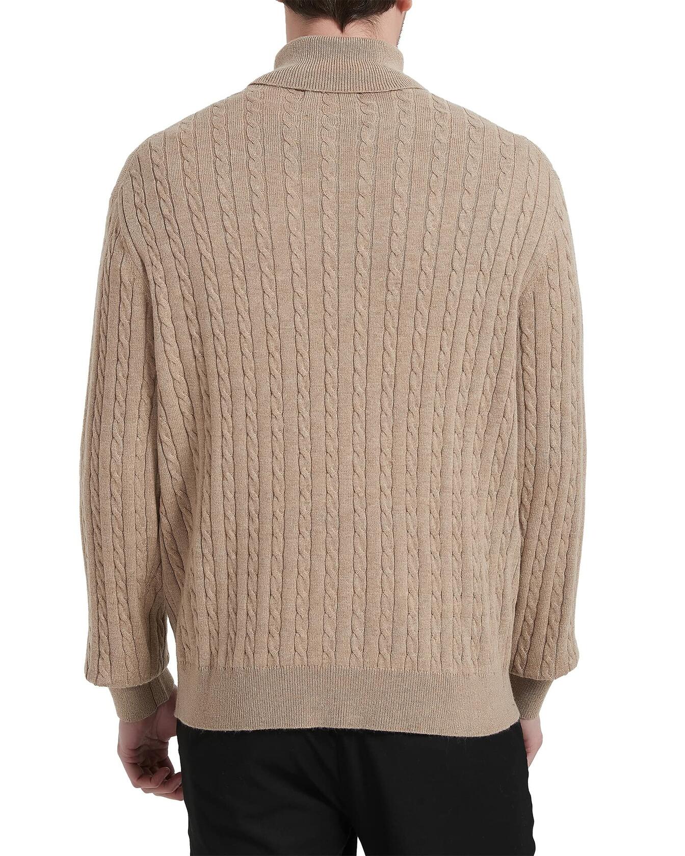 Kallspin Men's Wool Blend Cable-Knit Turtle Neck Sweater Coffee Size L
