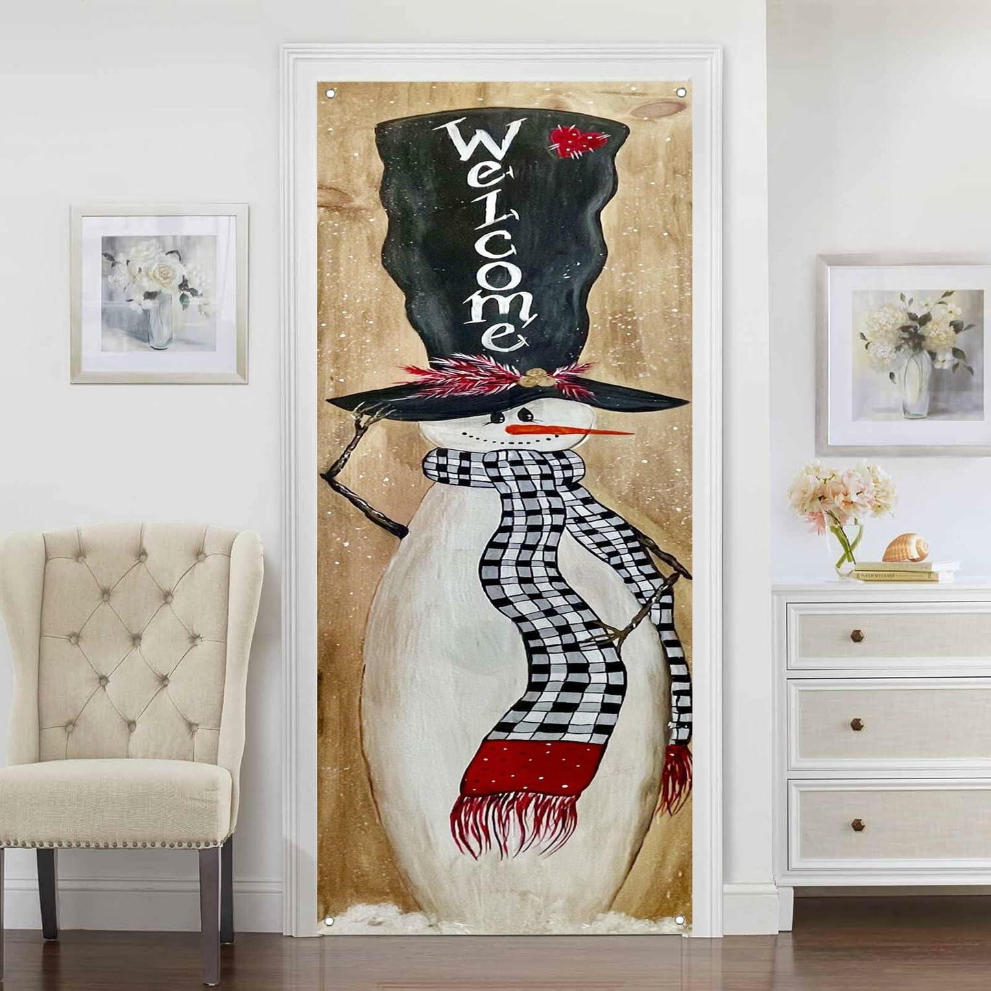 Merry Christmas Door Cover Snowman Banner 29.5x71in Winter Decoration