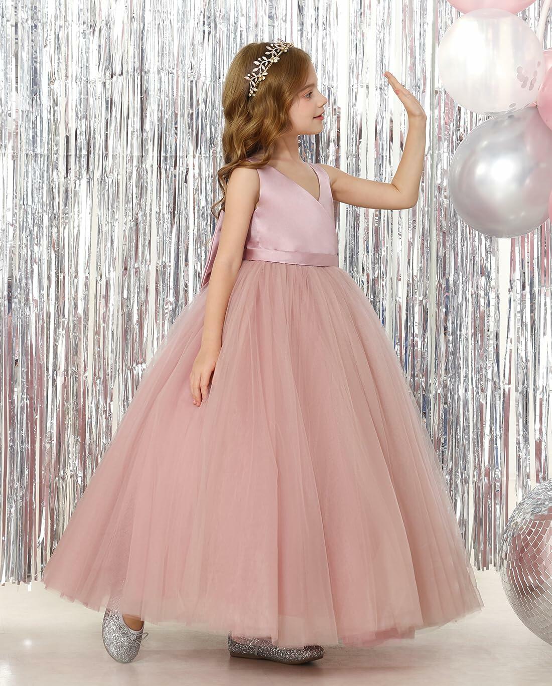 JISISANG White Satin Tulle Bow-Knot Flower Girl Dress Size 04