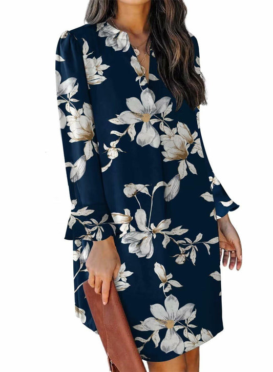 QACOHU V-Neck Mini Dress Blue Flower Long Sleeve Size S