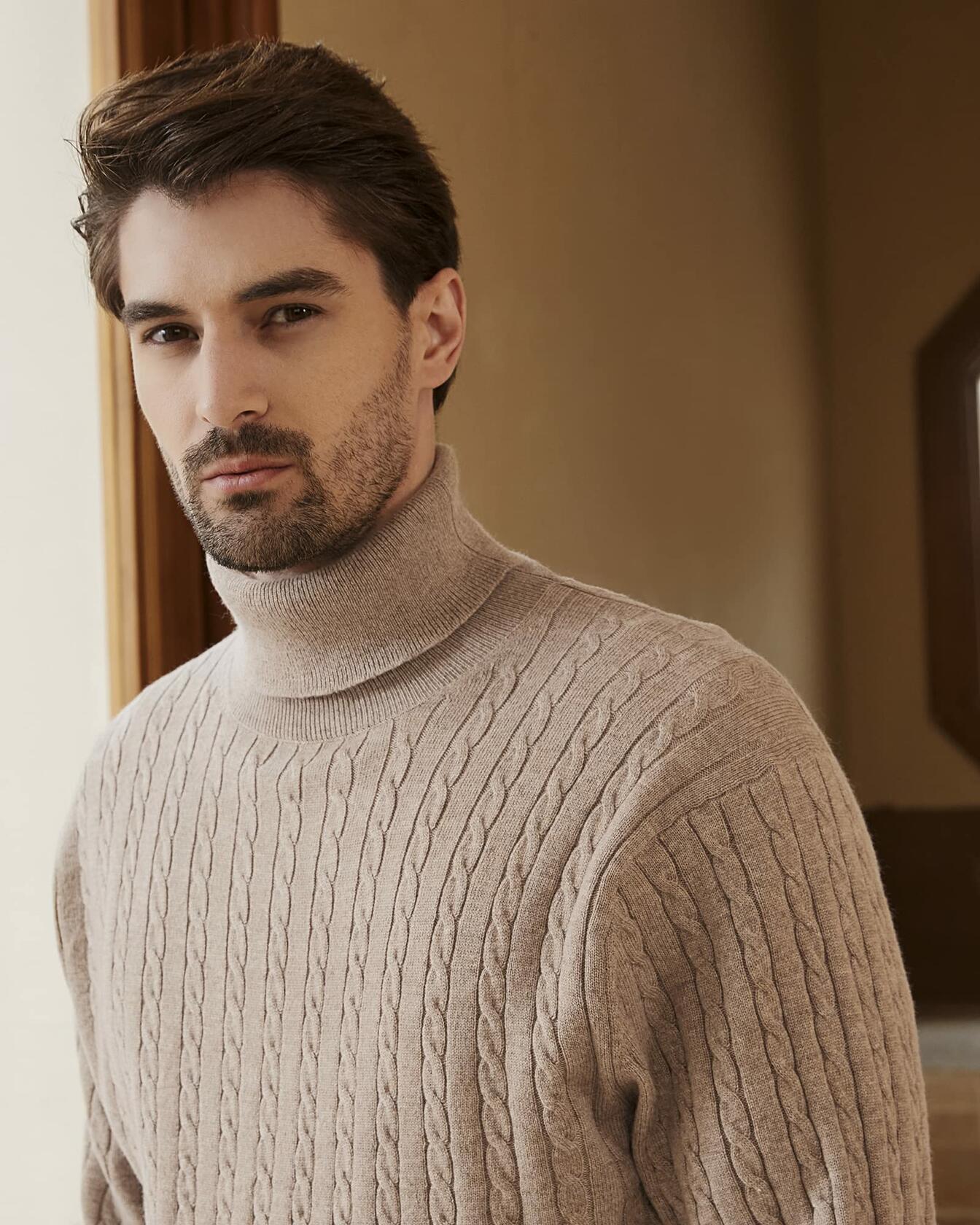 Kallspin Men's Wool Blend Cable-Knit Turtle Neck Sweater Coffee Size L