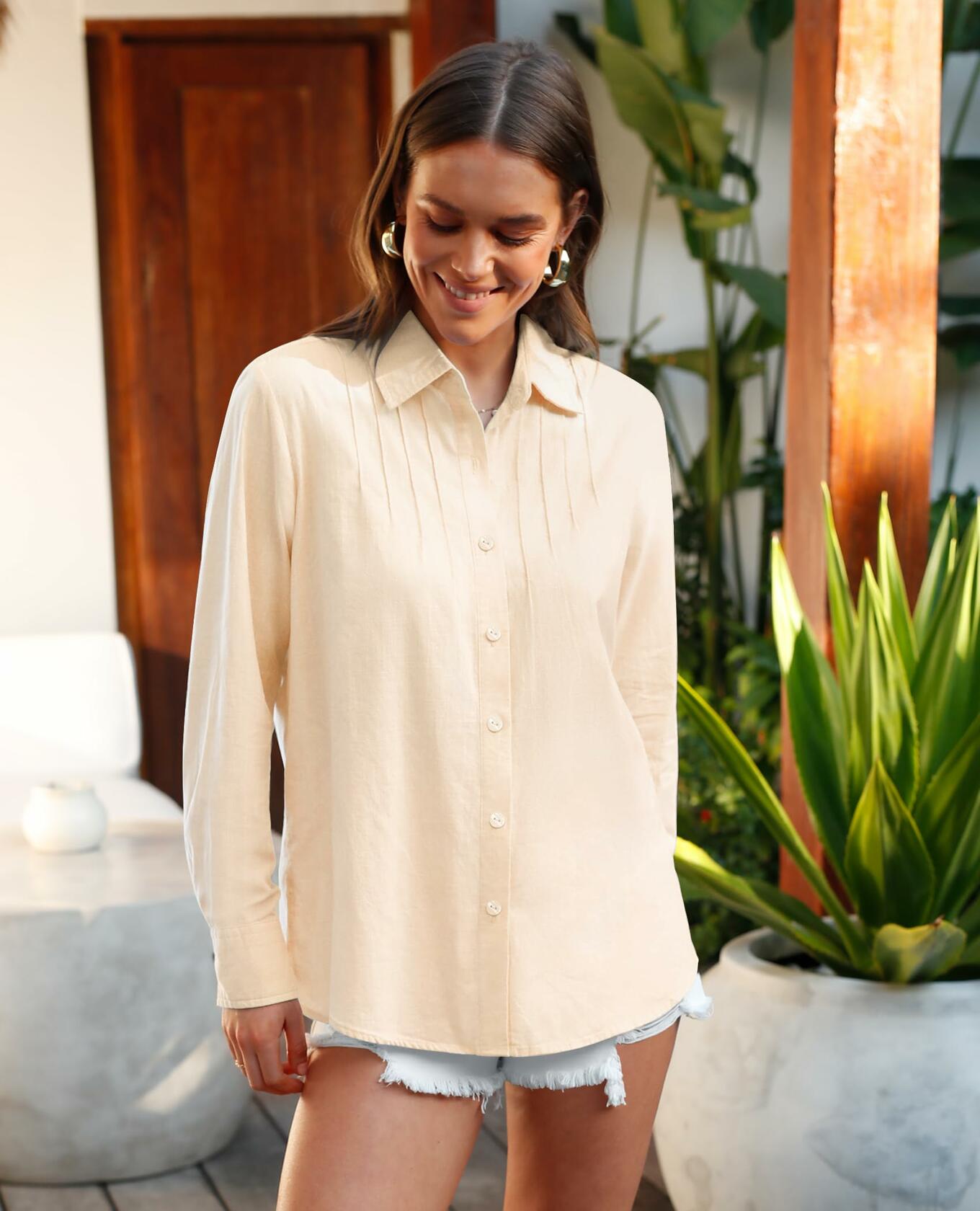 Siliteelon Linen Button Down Shirt Women L Beige Casual Long Sleeve Summer Top
