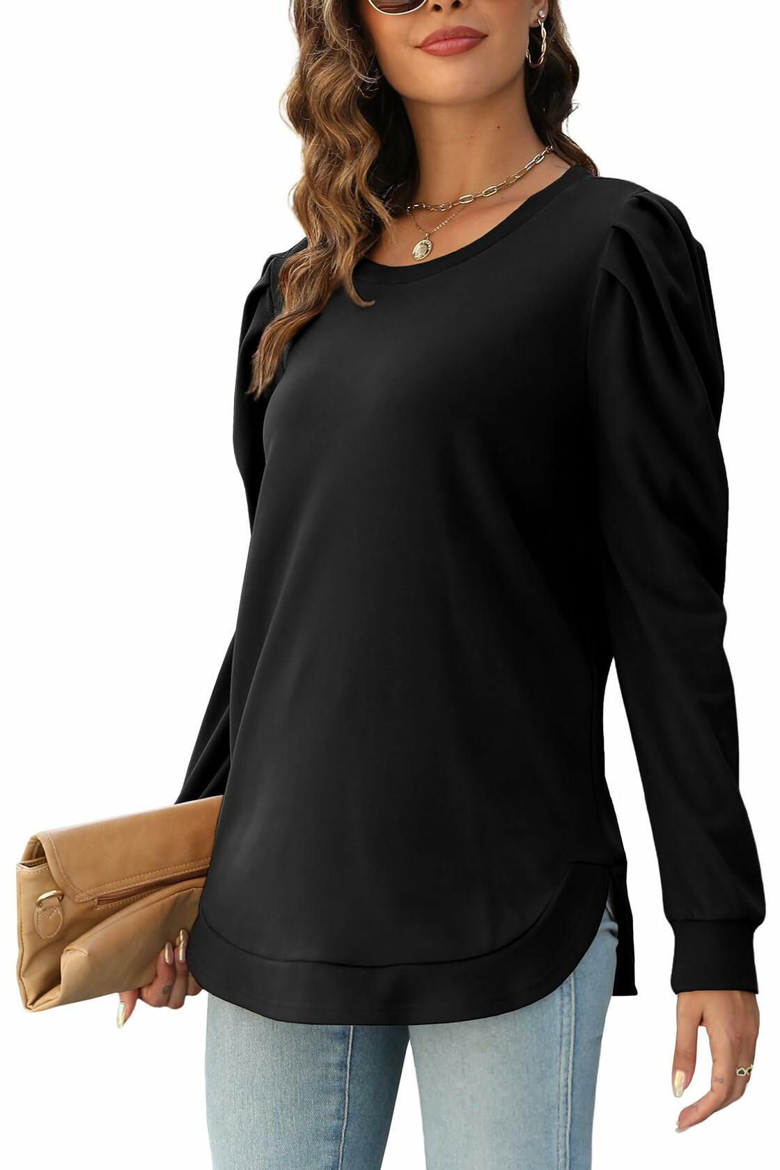 AGSEEM Womens Black Oversized Long Sleeve Tunic Sweatshirt Casual Sweaters L