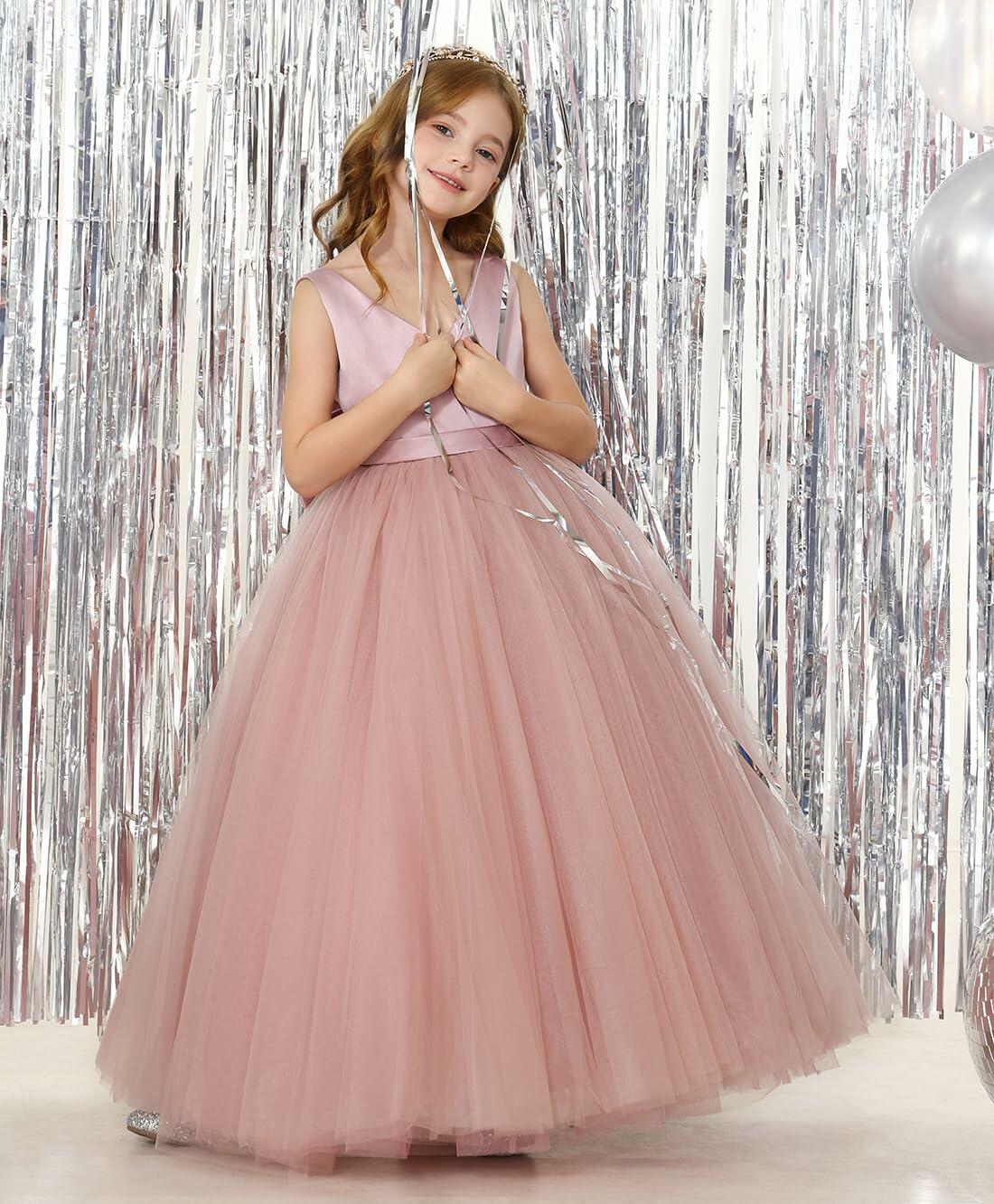 JISISANG White Satin Tulle Bow-Knot Flower Girl Dress Size 04