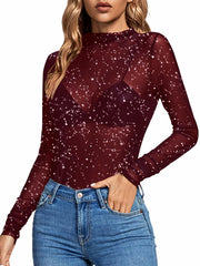 Rooscier Women's Sheer Mesh Mock Neck Long Sleeve Slim Fit Top Red Size M