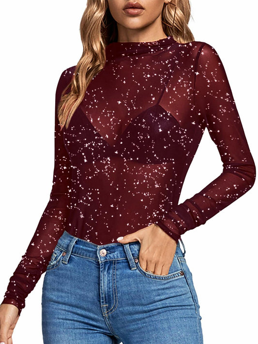 Rooscier Women's Sheer Mesh Mock Neck Long Sleeve Slim Fit Top Red Size M