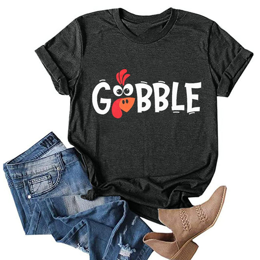 Thanksgiving Shirt Women M Gobble Gobble Pumpkin Turkey Graphic Tee