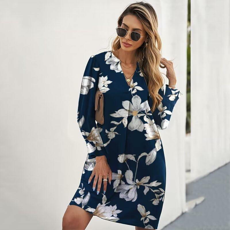 QACOHU V-Neck Mini Dress Blue Flower Long Sleeve Size S