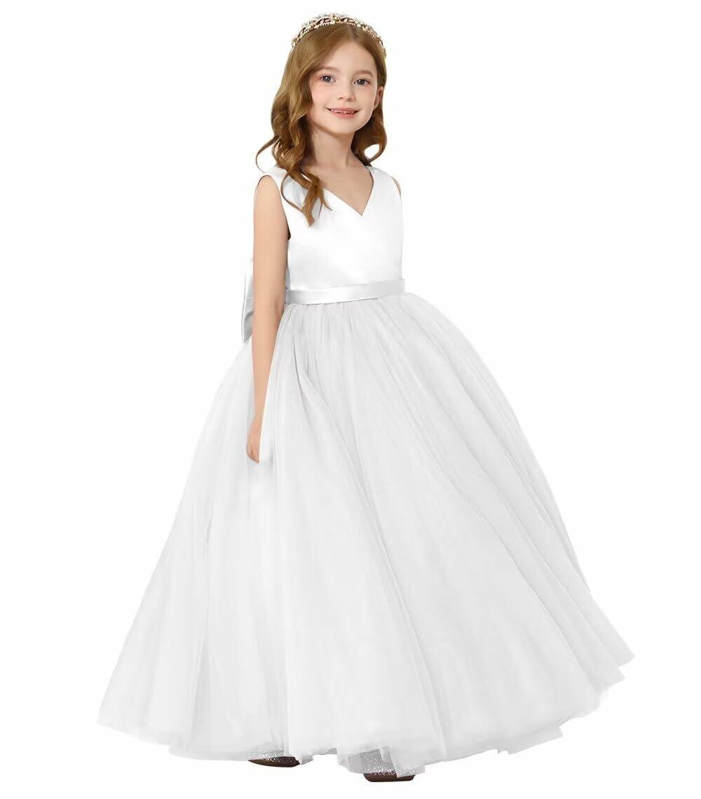JISISANG White Satin Tulle Bow-Knot Flower Girl Dress Size 04
