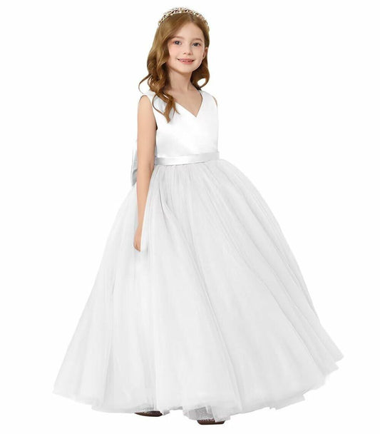 JISISANG White Satin Tulle Bow-Knot Flower Girl Dress Size 04