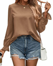 PRETTYGARDEN Ladies Blouse Khaki Pleated Ruffle Sleeve Size S