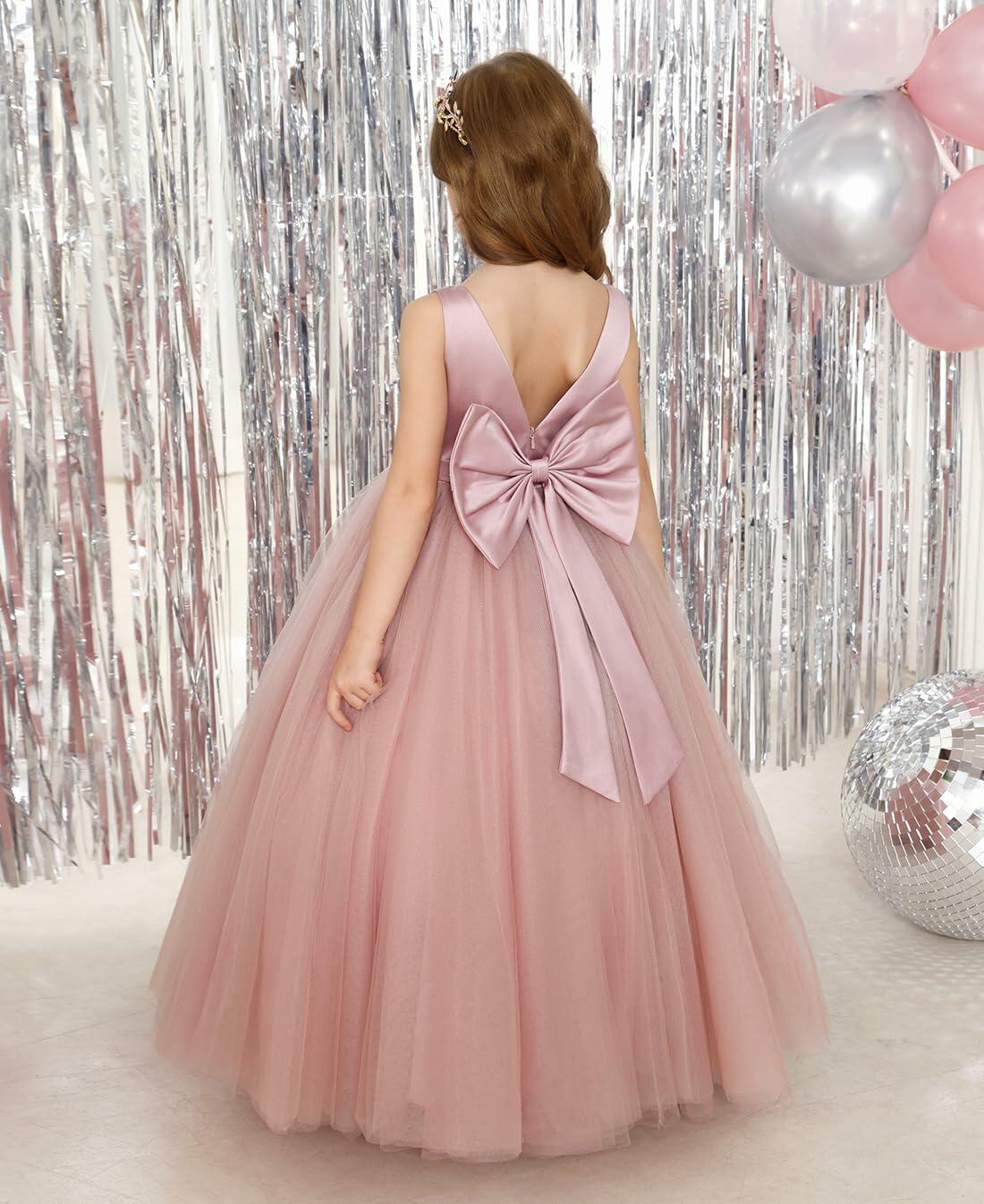 JISISANG White Satin Tulle Bow-Knot Flower Girl Dress Size 04