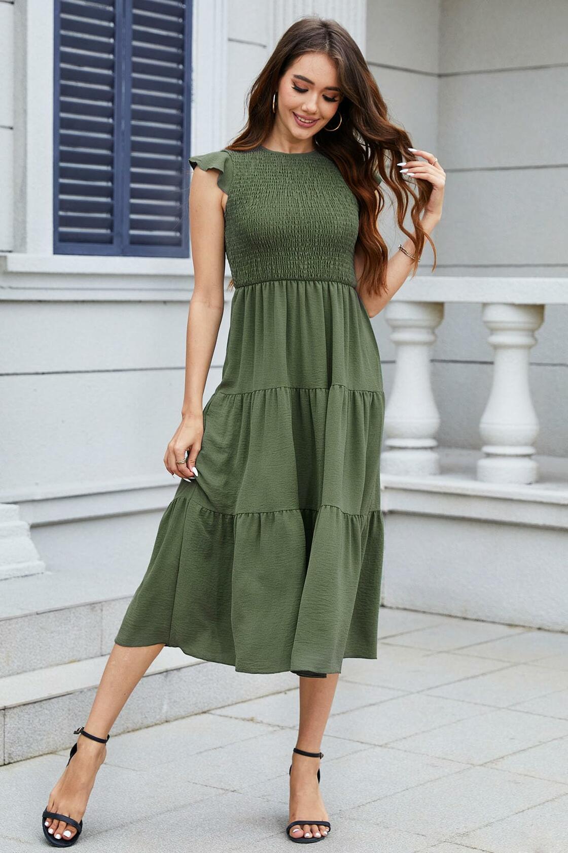 ZOOMOON Women's Maxi Dress Smocked Waist Army Green - Size XL
