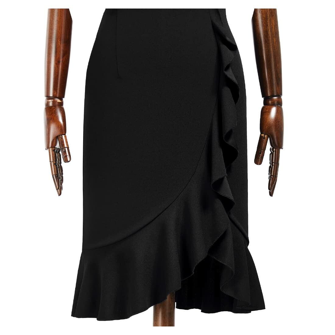 AISIZE Women's Vintage V-Neck Ruffle Slit Bodycon Dress Black Size L