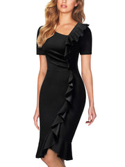 AISIZE Women's Vintage V-Neck Ruffle Slit Bodycon Dress Black Size L