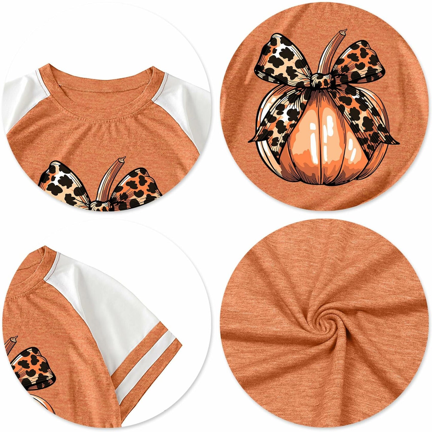 Halloween Pumpkin Shirt Women Retro Leopard Bow Fall Top Tee Casual