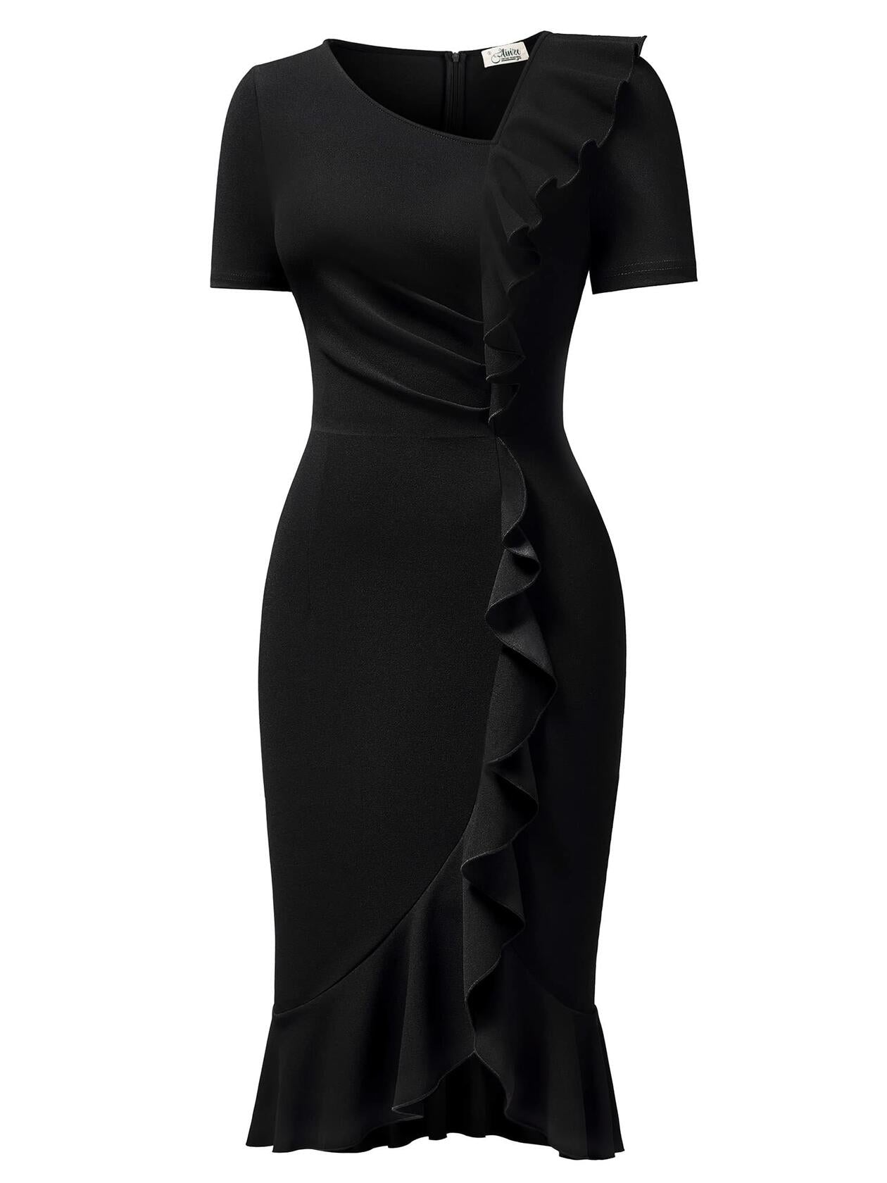 AISIZE Women's Vintage V-Neck Ruffle Slit Bodycon Dress Black Size L