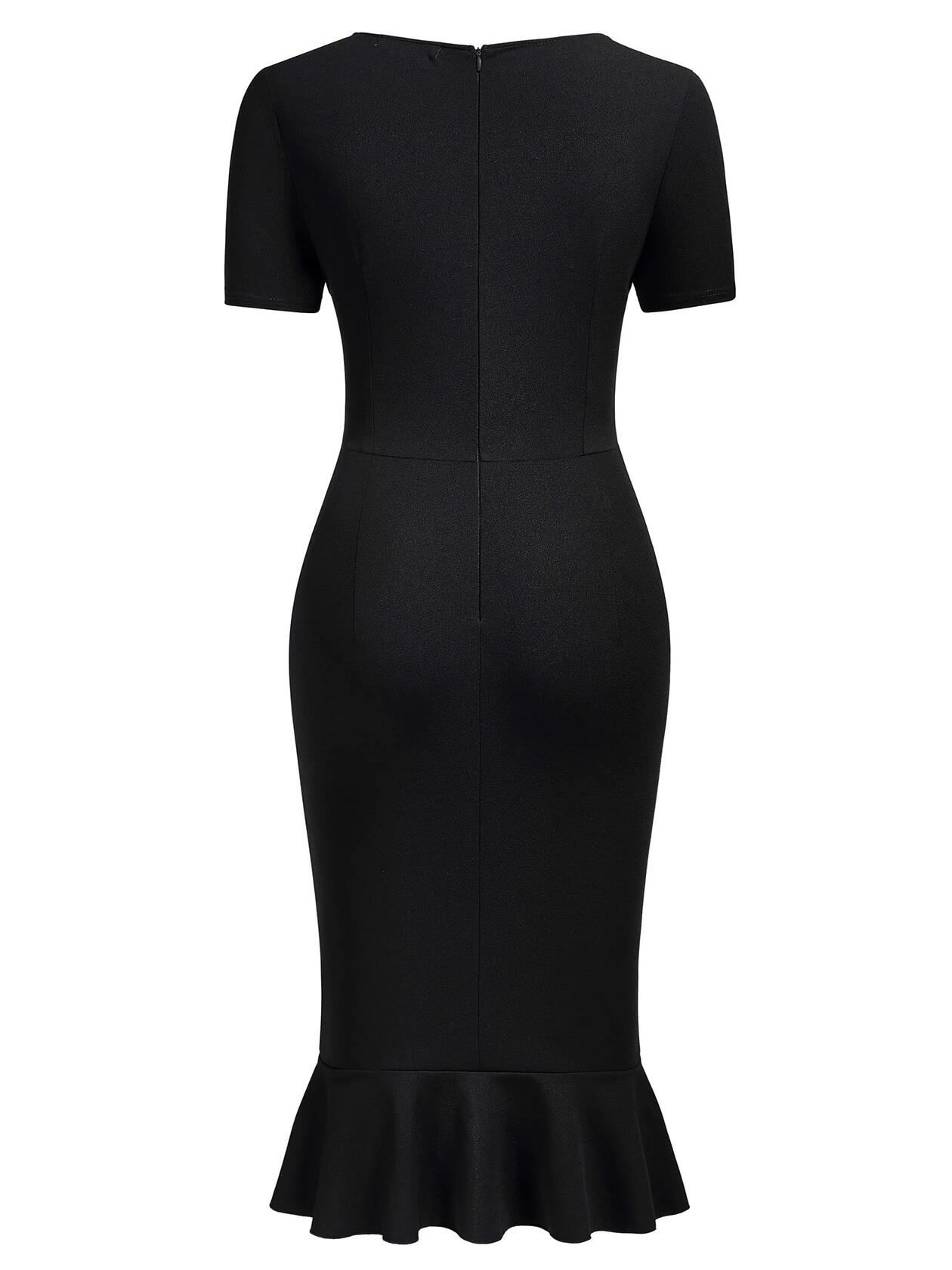 AISIZE Women's Vintage V-Neck Ruffle Slit Bodycon Dress Black Size L