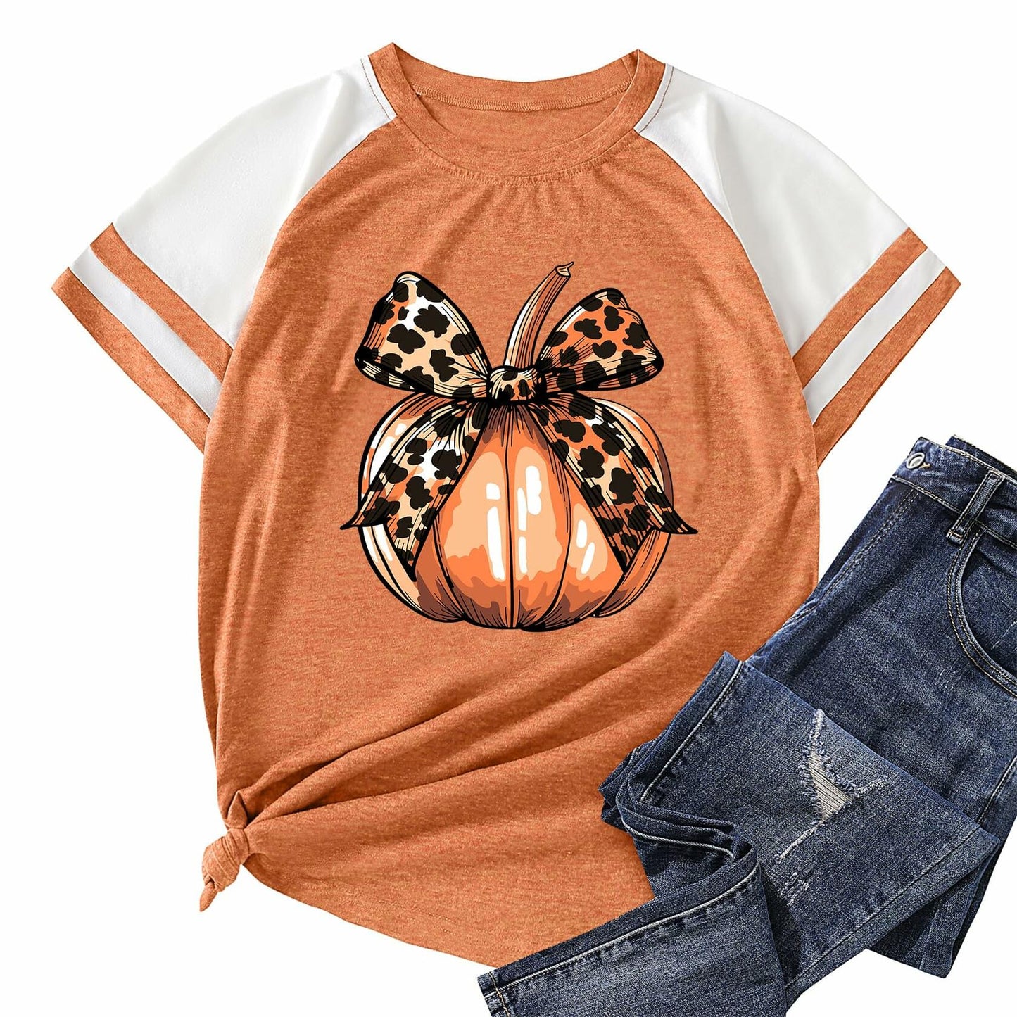 Halloween Pumpkin Shirt Women Retro Leopard Bow Fall Top Tee Casual