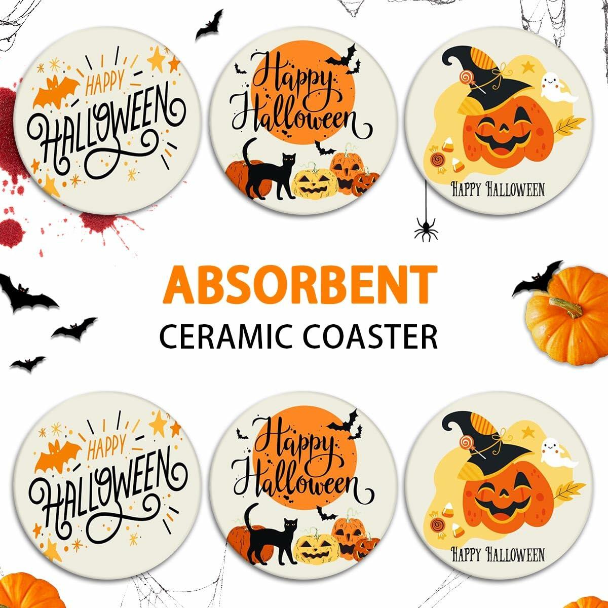 Bribay Halloween Pumpkin Cat Coasters Set of 6 Ceramic Stone Mat Cork Base